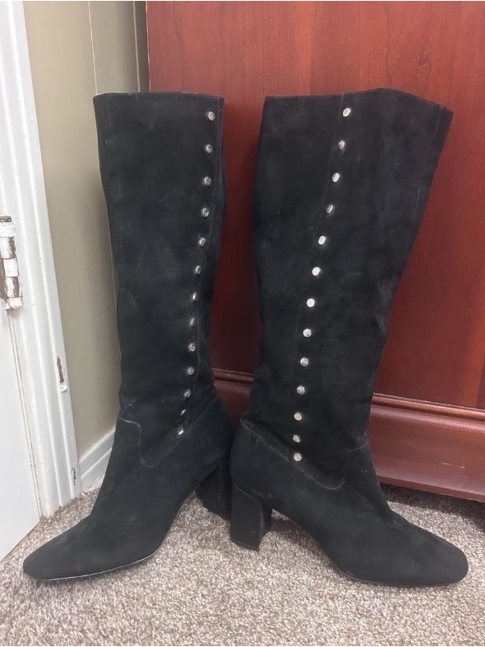 Nine West Black Suede Knee high Boots with Button Trim